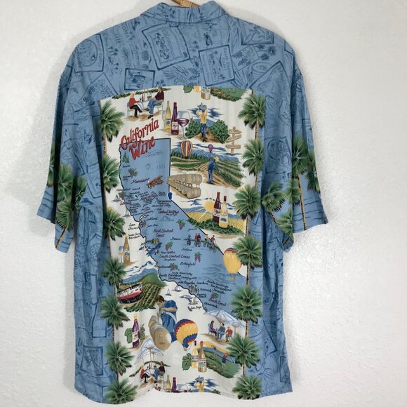 Reyn Spooner California Wine Map Print Rayon Hawaiian Shirt Blue Medium Napa - Picture 2 of 7